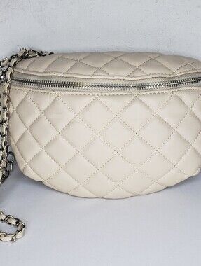 Steve Madden Quilted Cream Crossbody Belt Bag with Silver Chain